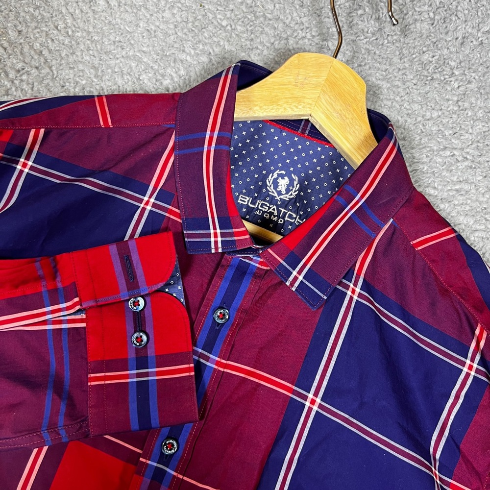 Bugatchi Uomo Button Down Shirt‎ Mens L Purple Plaid Excellent Shaped Fit Casual